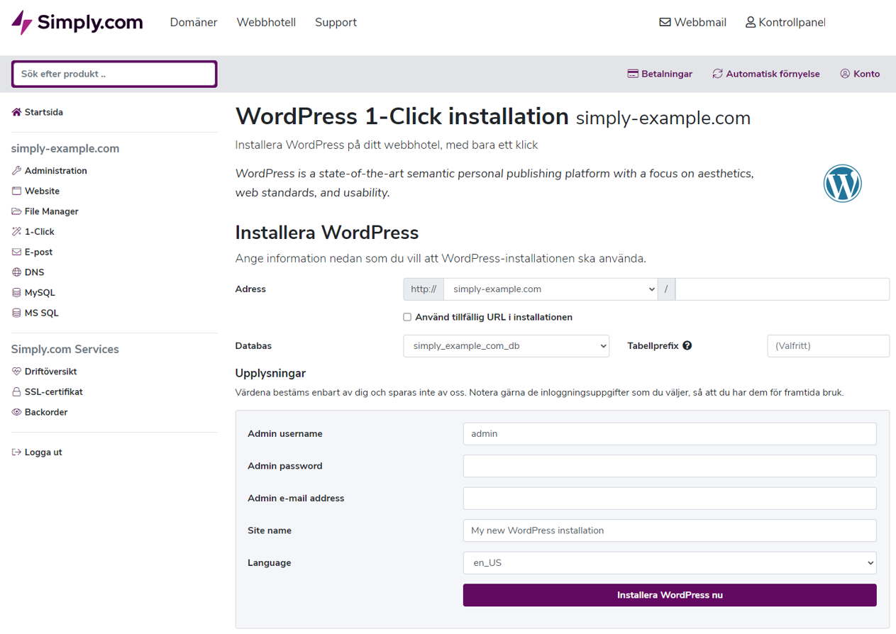 enkelt webbhotell med one click wordpress installation